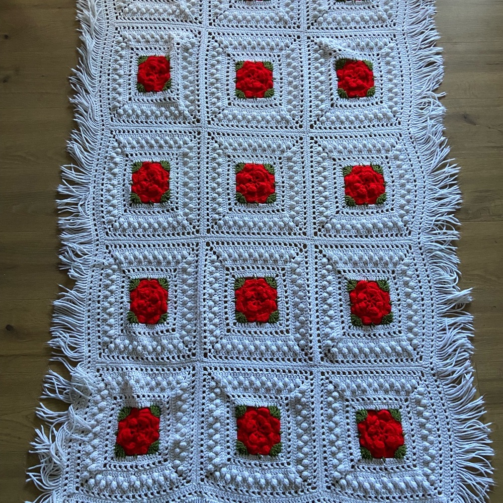 Handmade Crochet Blanket with 3D Red Floral Roses